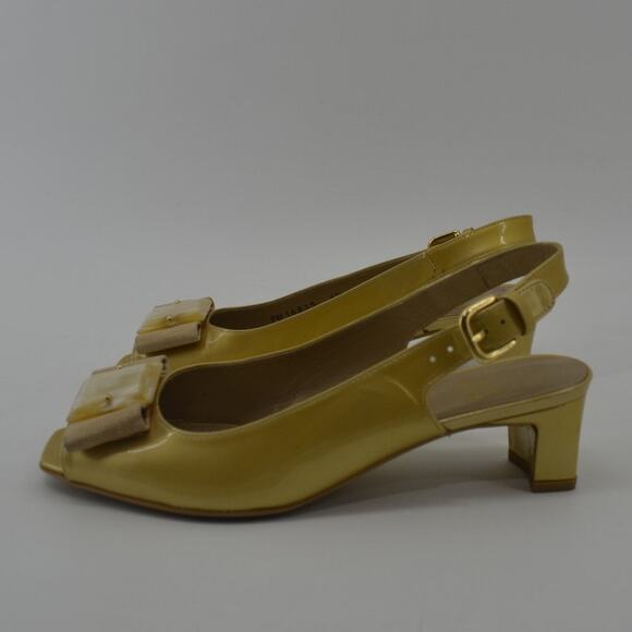 Stuart Weitzman Gold Patent Leather Block Heel Bow Size 6.5 - Picture 11 of 12